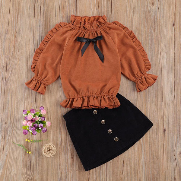Girls Autumn And Winter Trend Stand Collar Lantern Sleeve Fungus Lace Jacket A- Line Skirt Suit Wholesale Girls Clothes