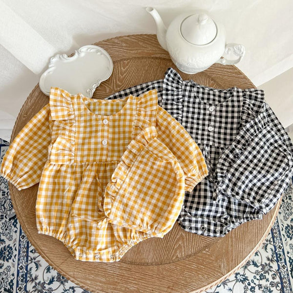Autumn Baby Girls Western-style Plaid Romper + Hat Wholesale Girls Clothes