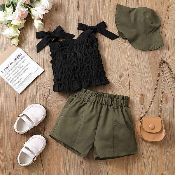 Girls Spring And Summer Fashionable Style Strap Top Shorts With Hat Suit Wholesale Girls Clothes