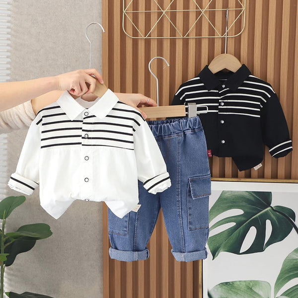 Boys Long Sleeve Shirt Spring And Autumn Stripe Casual Shirt + Denim Pants Set Wholesale