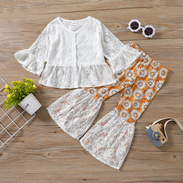 Spring And Autumn Lace Cardigan Top Small Daisy Flared Pants Girls Suit Wholesale