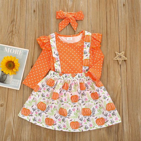 Halloween Outfit Girls Polka Dot Top Pumpkin Print Suspender Skirt Outfit Wholesale Girls Clothing