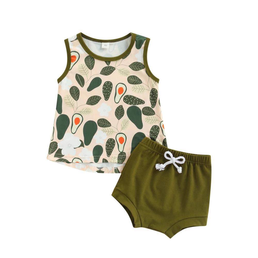 Toddler Girls Cotton Avocado Printed Round Neck Tank Top + Shorts Set Girls Leggings Wholesale