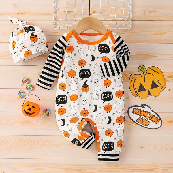 Spring and Autumn Pumpkin Ghost Printed Striped Hooded Halloween Romper Wholesale Baby Clothes