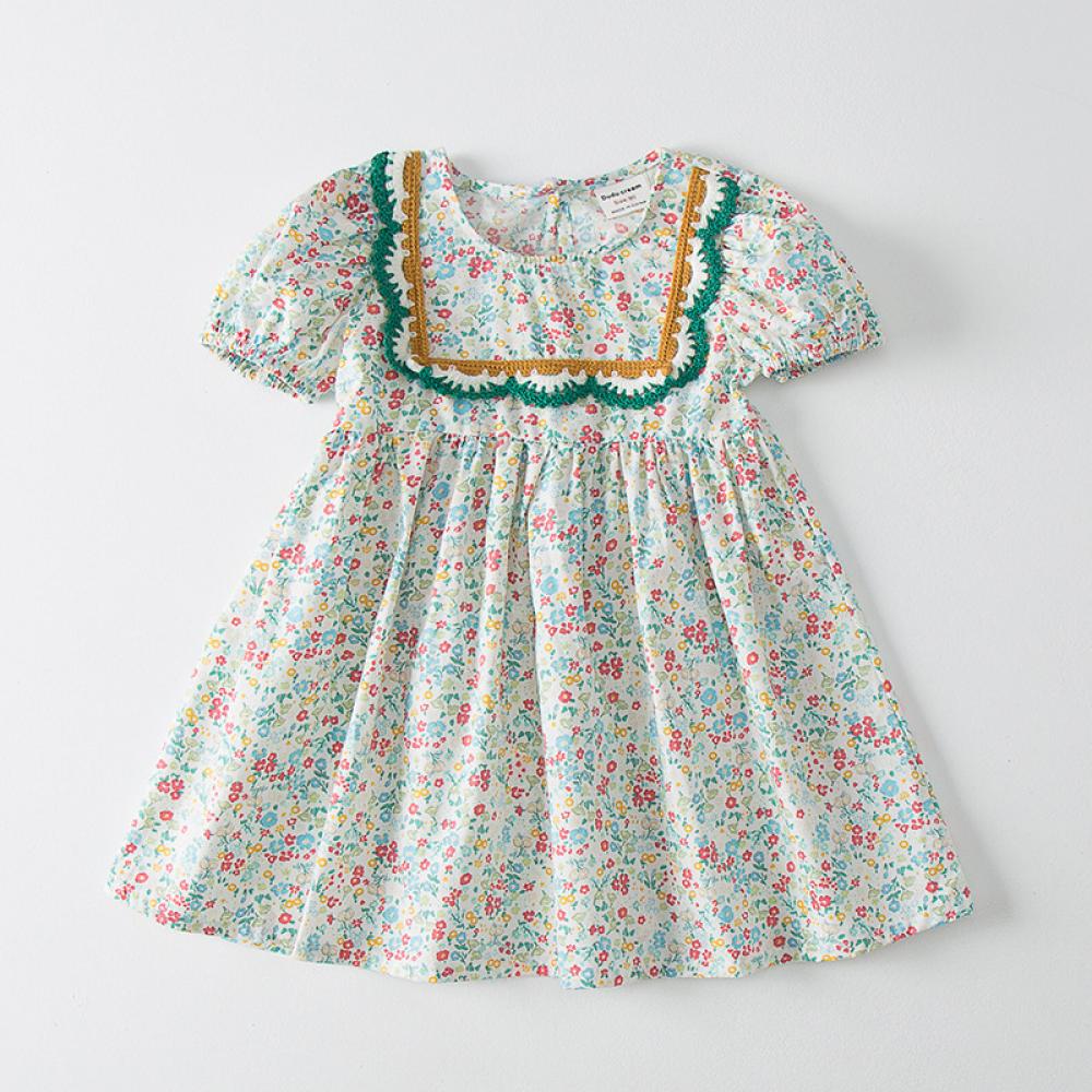 2022 Summer Korean Style Puff Sleeve Girls Dress Square Neck Lace Floral Dress Wholesale Kids Clothes