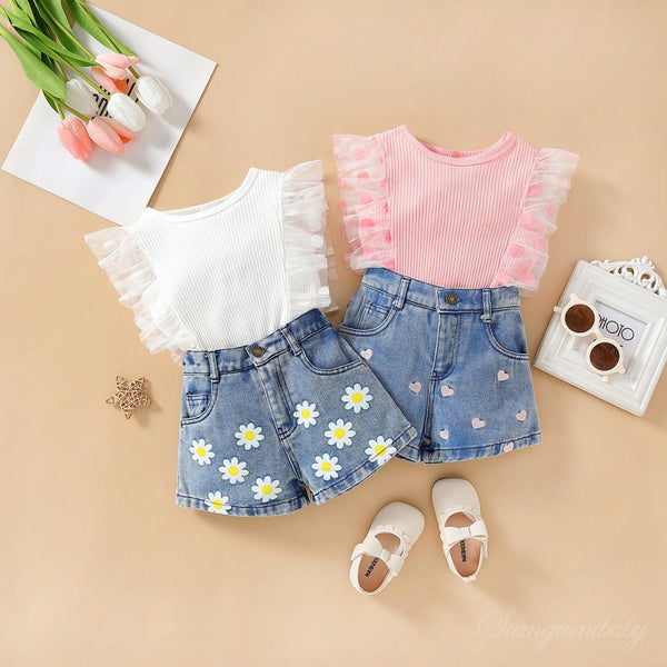 Summer Girls' Sleeveless Pink Top Denim Shorts Two Pieces Wholesale Boutique Clothing