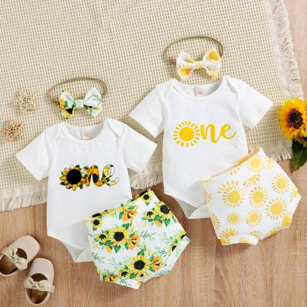Summer Short Sleeve Letter Printing Romper Sun Sunflower Shorts Girl Suit Wholesale