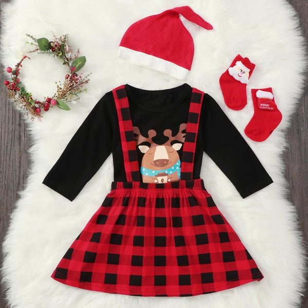 Girls Autumn Elk Red and Black Plaid Skirt Christmas Suit Wholesale Girls Clothes