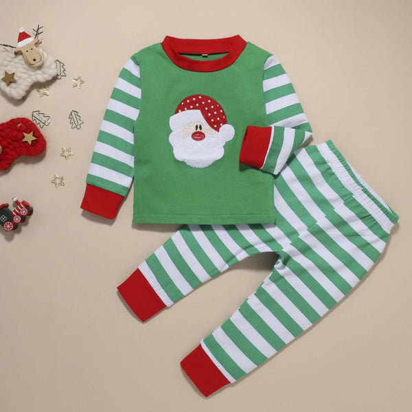 Autumn Winter Baby Christmas Striped Pants Green Two Piece Set Wholesale Kids Clothes