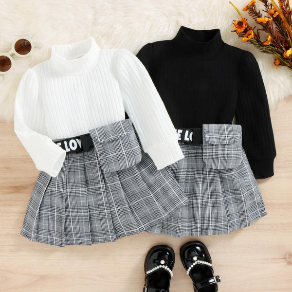 Autumn Winter Girls Knit Long-sleeve Top + Plaid Skirt + Waist Bag Wholesale Girls Clothes