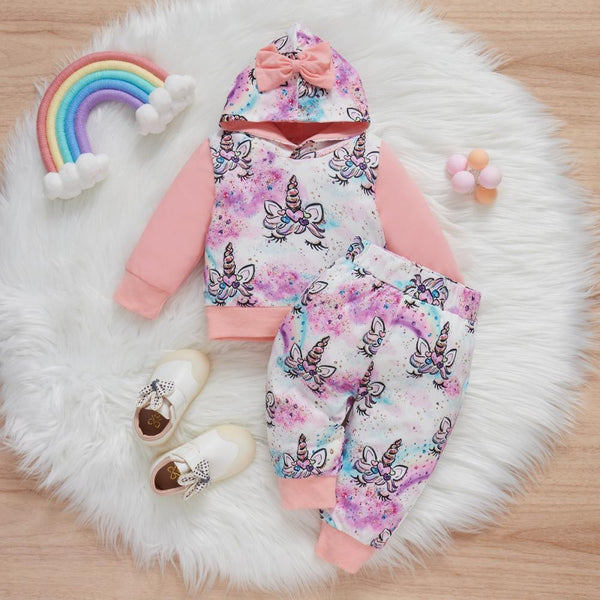 Baby Warm Unicorn Hooded Top + Trousers Set Wholesale Girls Clothes