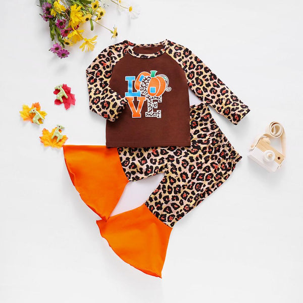 Leopard Raglan Sleeve Print Pumpkin and Alphabet Flared Pants Wholesale Girls Clothing