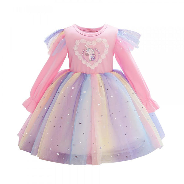 Girl's Dress Spring and Autumn Unicorn Rainbow Sequins Mesh Princess Dress Baby Girl Wholesale
