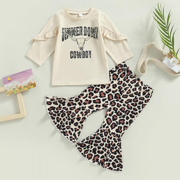 Autumn Children's Girl Set Cow Head Ruffled T-shirt Top Leopard Flared Pants Spring 2-piece Set Wholesale Girls Clothes