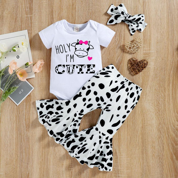 Three-piece Set Of Letter Print Bag Fart Romper Cow Print Flared Trousers Wholesale Baby Clothes