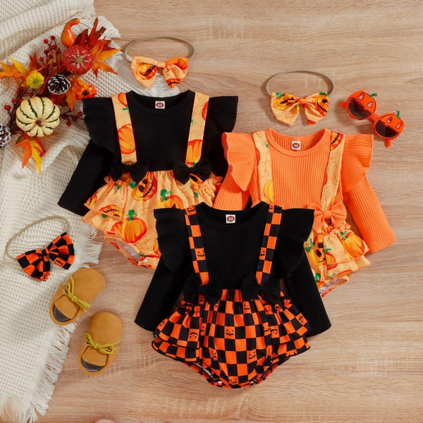 Halloween Girls Autumn Winter Long Sleeve Pumpkin Checkerboard Romper Baby Girl Boutique Clothes Wholsale