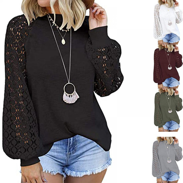 Women Spring Autumn Round-neck Long-sleeve Lace Panel Loose And Comfortable T-Shirt Wholesale Wowen Clothing