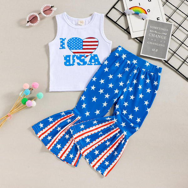 Girls Independence Day Floral Vest Star Floral Bell Bottom Two-piece Set  Wholesale Little Girls Clothes