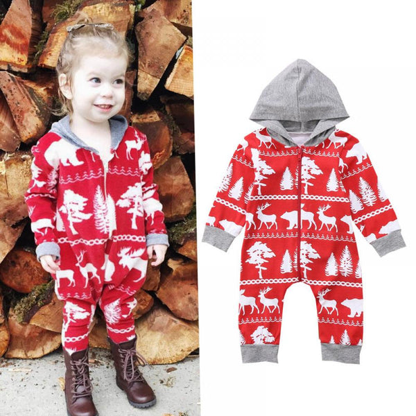 Fall/Winter Baby Romper Fawn Print Zip-Up Long Sleeve Hooded Jumpsuit Wholesale Baby Clothes