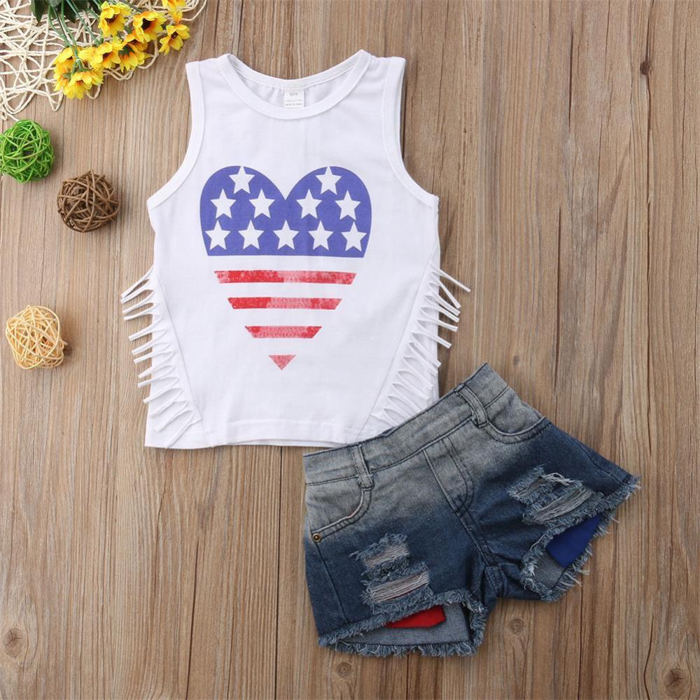 1-6T Children's Independence Day Girls Print Denim Shorts Outfit Wholesale Kids Clothes