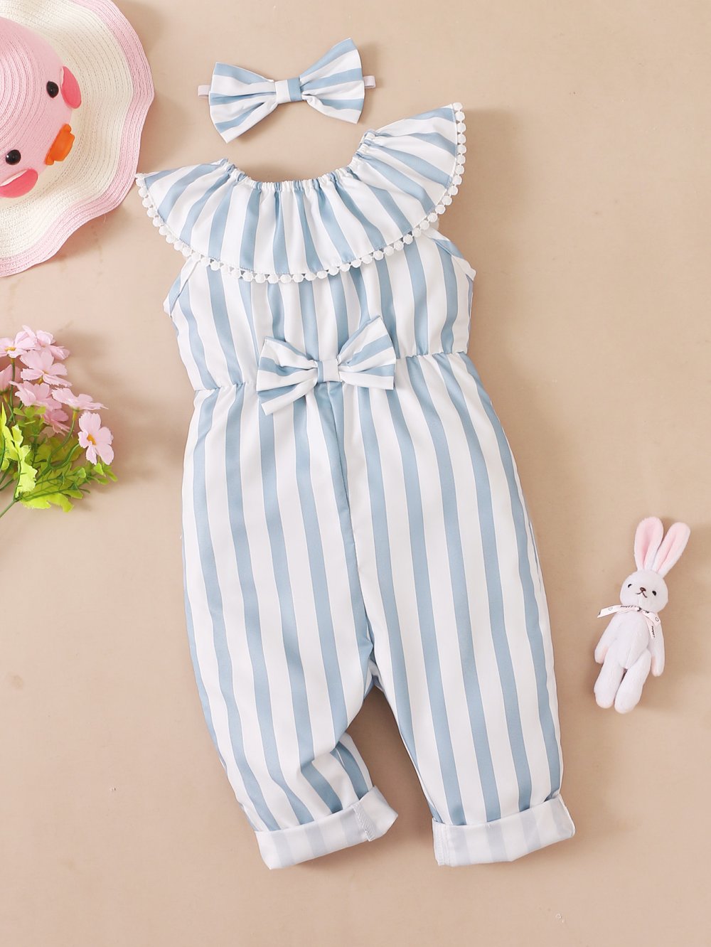 Newborn Baby Girls Summer Sleeveless Stripe Blue Romper and Headband Wholesale Baby Clothes Usa