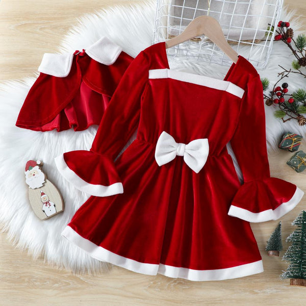 Winter Girls Christmas Mini Vest Flare Sleeve Dress Two Piece Wholesale Girls Clothes