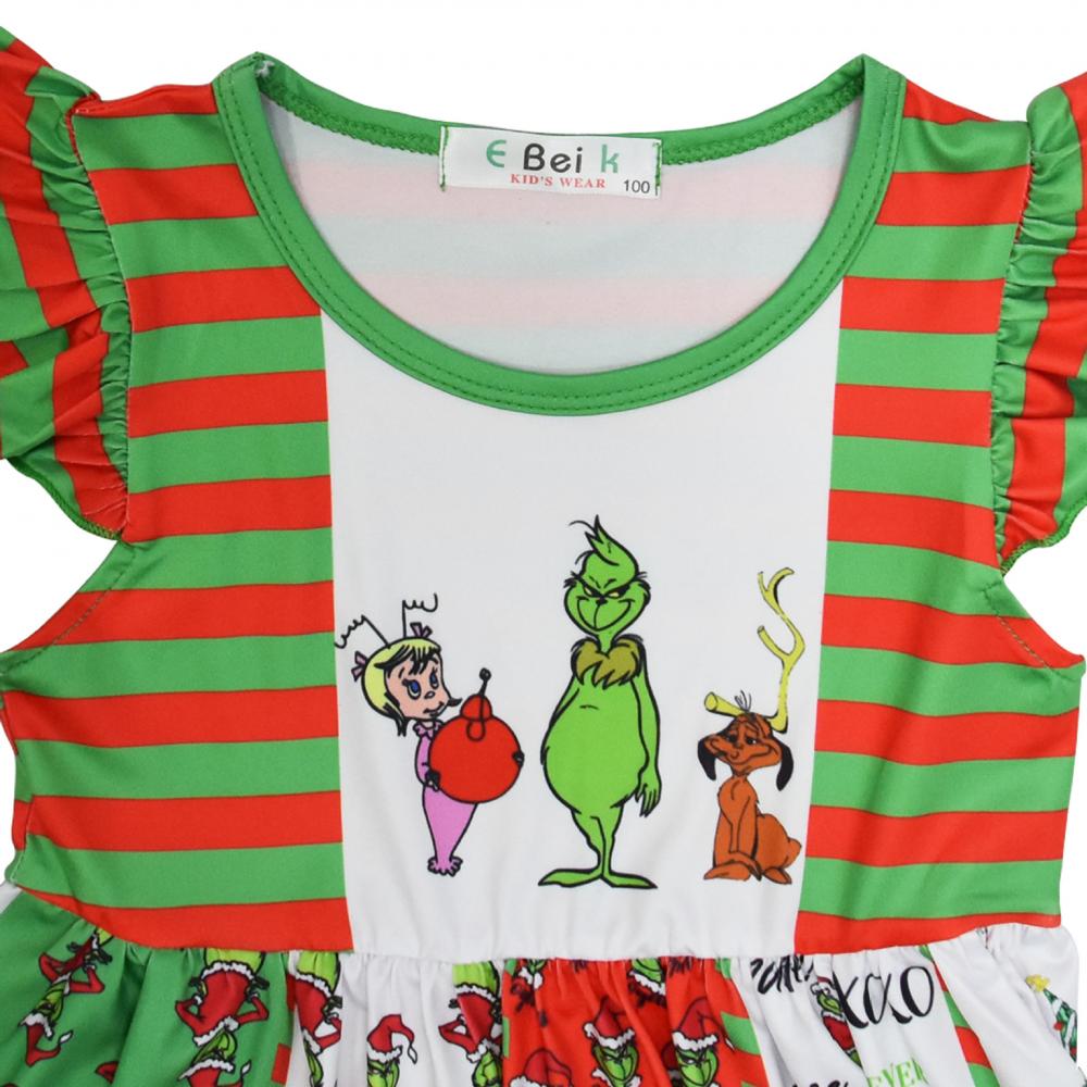 Christmas Girls Fly Sleeve Dress Sneaky Green Grinch Dress Kids Grinch Shirt Wholesale