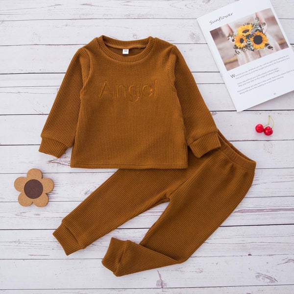Autumn Winter Pit Strip Letter Embroidery Top Trousers Solid Color Girls Suit Wholesale Girls Clothes
