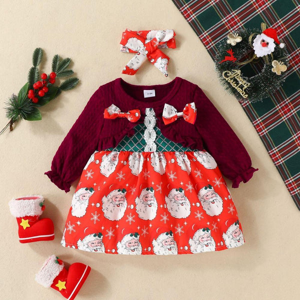 Western-style Autumn Christmas Girls Long-sleeve Bow Fake Two-piece Dress Wholesale Baby Girls Dress