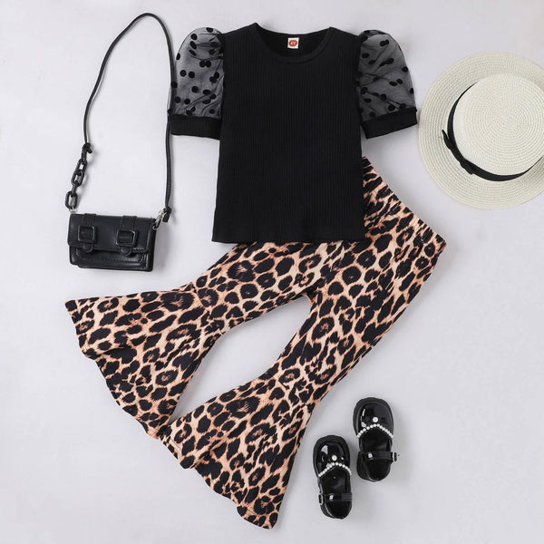 Girls Summer Lace Short Sleeve T-shirt Leopard Flared Pants Suit Wholesale Girls Clothes