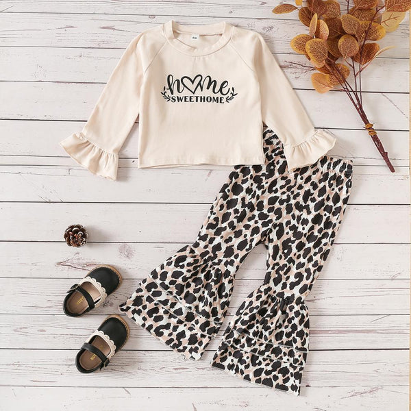 Spring Girls Alphabet Print Top Leopard Print Flared Pants Set Wholesale Girls Clothes