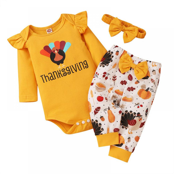 Girls Thanksgiving Cartoon Turkey Suit Romper Pants Headband Baby Clothing Wholesale Distributors