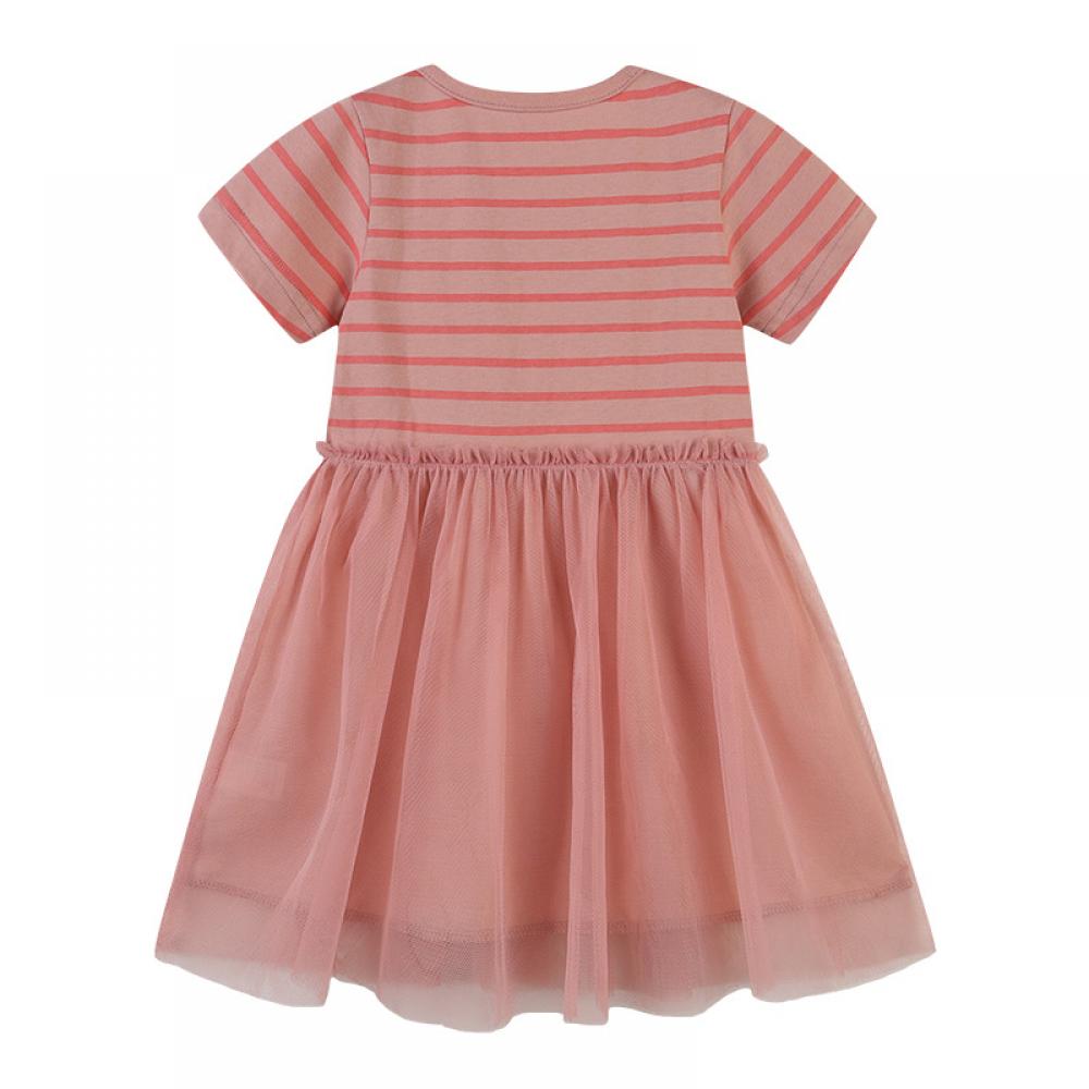 Girls Summer Dress Stripe Rabbit Embroidered Mesh Patch Dress Wholesale Baby Girl Clothes