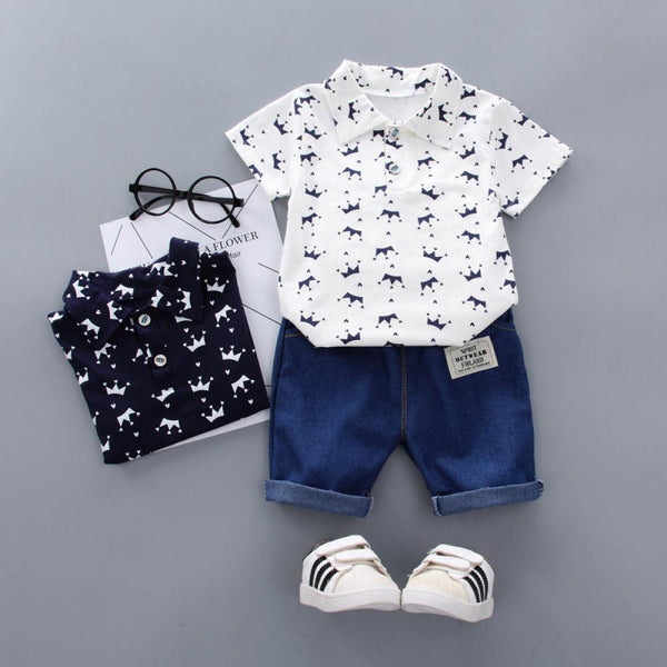 Toddler Boys Summer Set Crown Printed Lapel Top and Denim Shorts Wholesale childrens clothing in bulk
