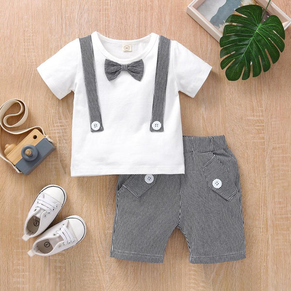 Summer Boys Solid Color Fake Back Tie Short-sleeved Pullover Grey Pants Set Wholesale Baby Boy Clothes