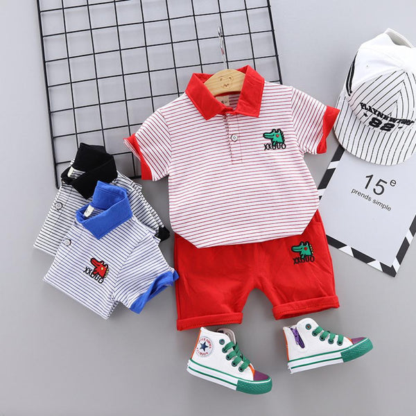 Toddler Boys Summer Sets New Korean Style Embroidered Striped Short-sleeved And Solid Color Shorts Two-piece Set Wholesale Kids Clothing