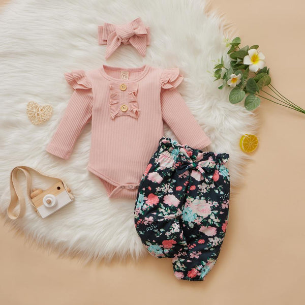 Pullover Long Sleeve + Bow Trousers Autumn Cotton Print Three-piece Girls Suit Baby Wholesale Girl Clothes