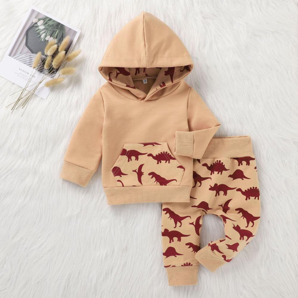 Boys and Girls Autumn Dinosaur Print Cotton Hooded Two-Piece Sweater Wholesale Boys Clothes