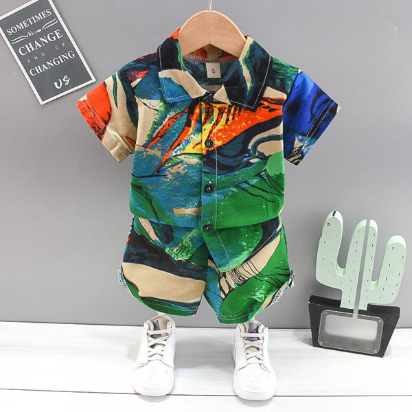 Boys Flower Shirt Suit Summer Western Style Two Piece Set Wholesale Baby Clothes