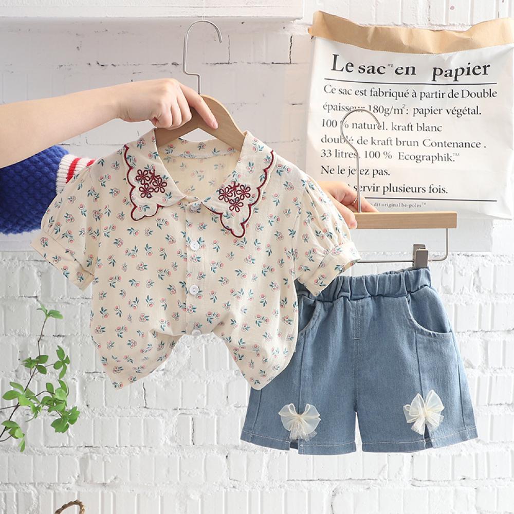 Toddler Girls Summer Floral Top and Denim Shorts Set Wholesale Baby Girl Clothes