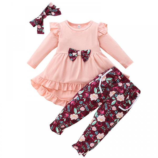 Autumn Girls Bow Ruffle Skirt Print Trousers Three-piece Set Wholesale Girl Clothing