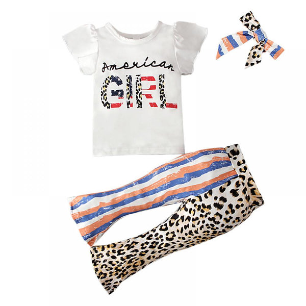 Toddler Girls Set Independence Day T-shirt + Leopard Patch Bell Bottoms Headband Baby Girl Wholesale