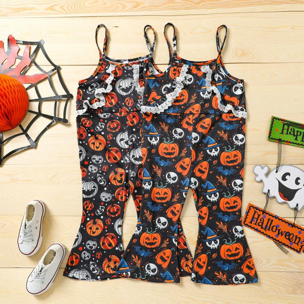 Children's Halloween Jumpsuit Pumpkin Print Sling Jumpsuit Long Jumpsuit Wholesale Girls Clothing