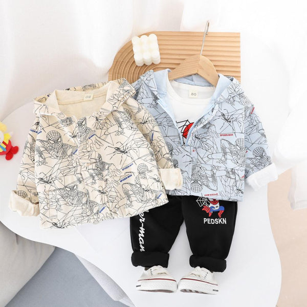 Three-piece Set Boys Spring And Autumn Western Style Cartoon Hooded Clothes Wholesale Baby Boy Clothes