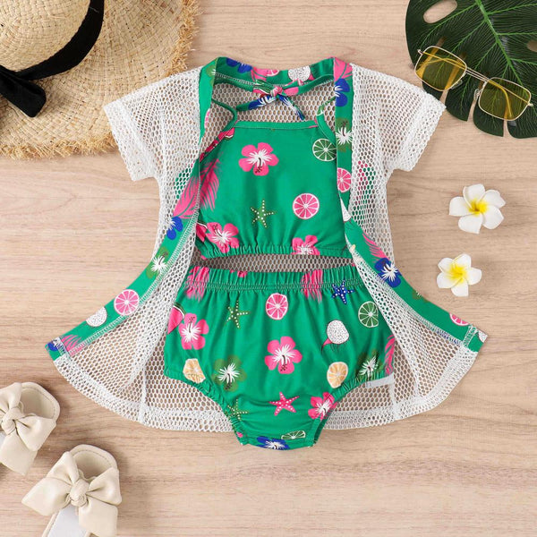 Summer Girl's Floral Neck Briefs Sports Trendy Mesh Sunscreen Coat Swimsuit Set Wholesale Boutique Clothing