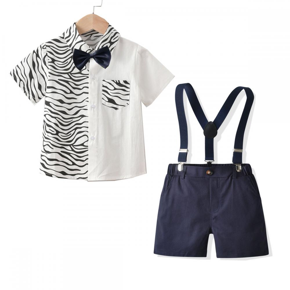 Toddler Boys Set Gentle Zebra Patch T-shirt And Suspenders Shorts Set Boy Wholesale Clothing