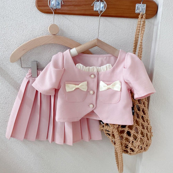 Summer New Children's Clothing Bow Short Sleeve Plus Pleated Skirt Two-piece Set Wholesale Girls Clothes