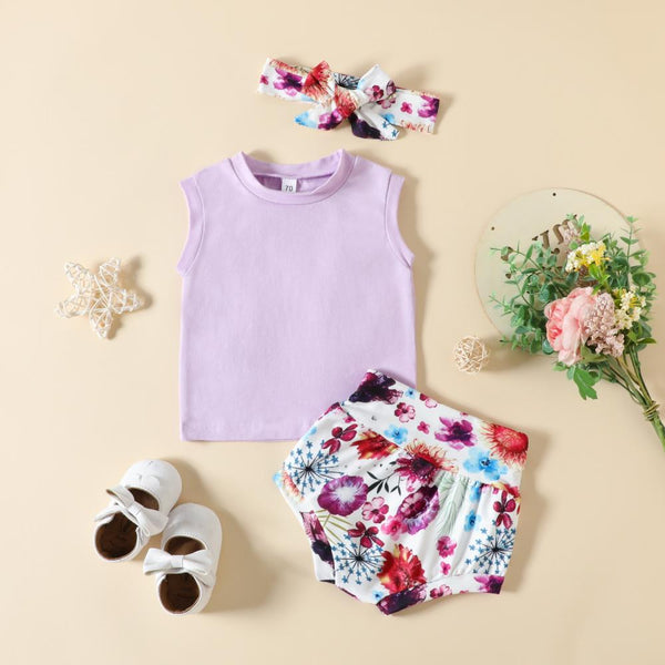 Summer Girls Solid Color Vest Flower Shorts Headdress Set Wholesale Baby Clothes