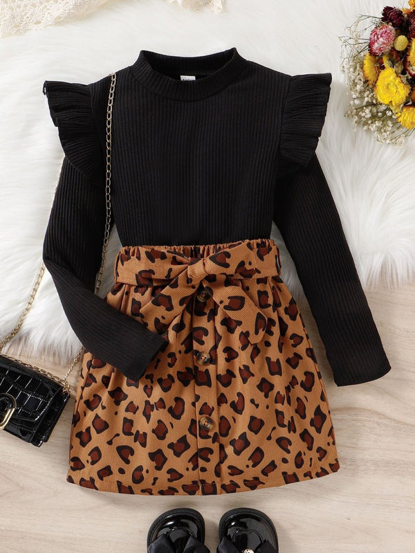 Winter Knitted Flying Sleeve Long Sleeve Leopard Tape Skirt Girls Two-Piece Children's Suit Wholesale Girls Clothes