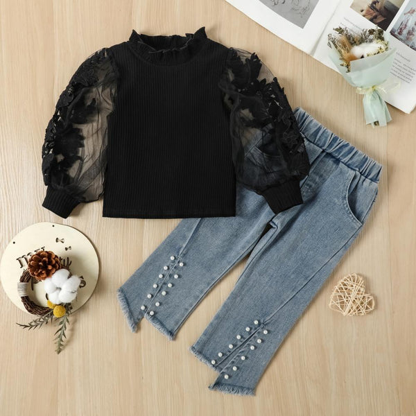 Embroidered Mesh Puff Sleeve Shirt and Jeans Set Wholesale Girls Clothes
